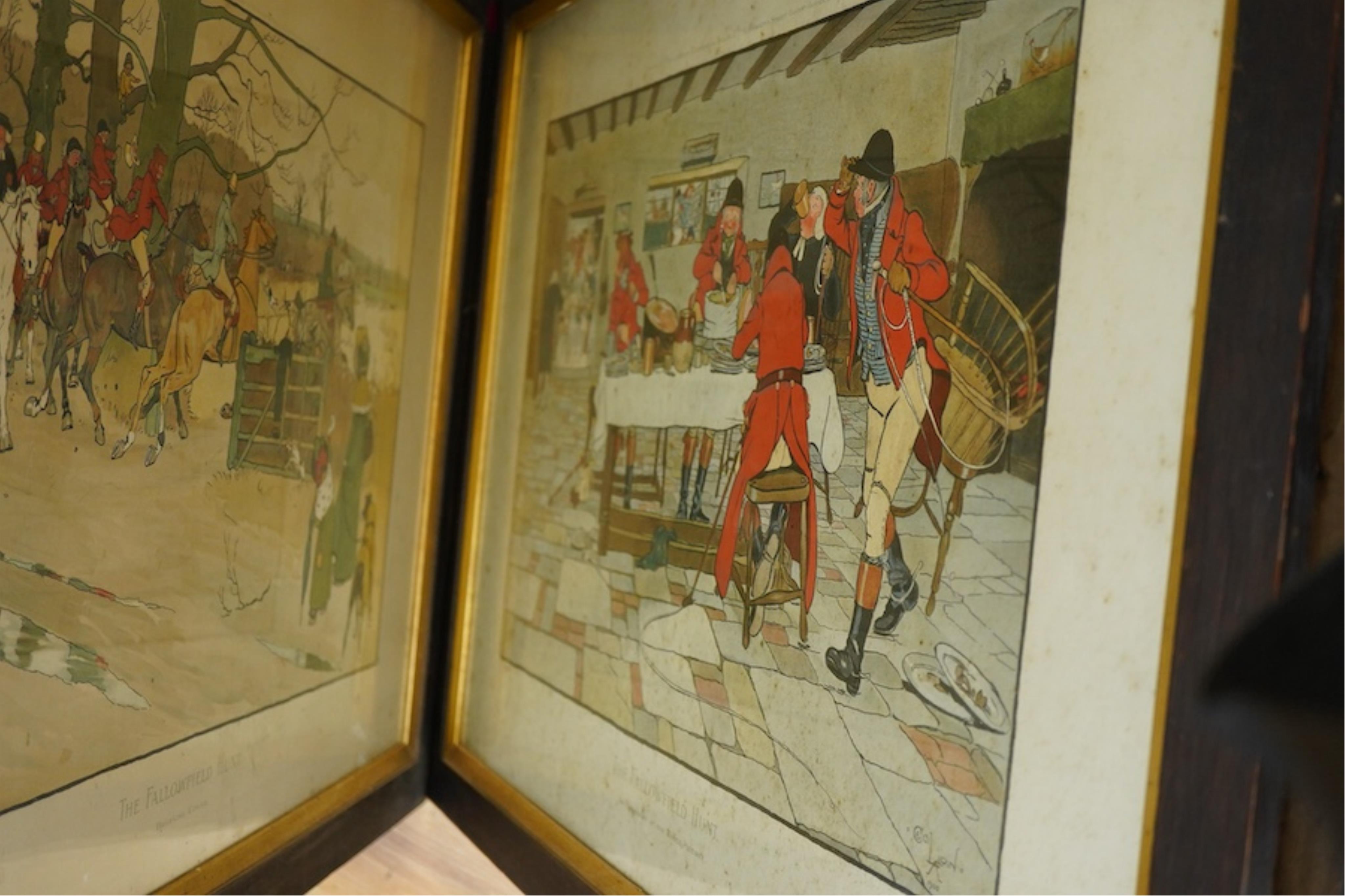 After Cecil Aldin (1870-1935), ‘The Fallowfield Hunt’ to include 'A Check', 'The Hunt Supper' and 'Breaking cover, set of six lithographs, published Lawrence & Bullen, London, unsigned, 53 x 77cm, framed